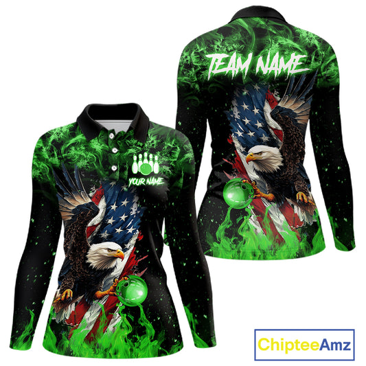 Green Flame American Flag Eagle bowling shirts for Women Custom Bowling Team Jersey, gift for Bowler NQS11555