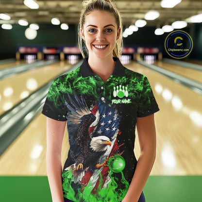 Green Flame American Flag Eagle bowling shirts for Women Custom Bowling Team Jersey, gift for Bowler NQS11555