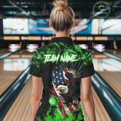 Green Flame American Flag Eagle bowling shirts for Women Custom Bowling Team Jersey, gift for Bowler NQS11555