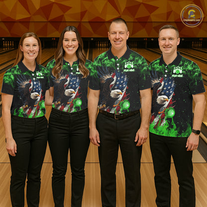 Green Flame American Flag Eagle bowling shirts for Men Custom Bowling Team Jersey, gift for Bowler NQS11555