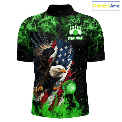 Green Flame American Flag Eagle bowling shirts for Men Custom Bowling Team Jersey, gift for Bowler NQS11555