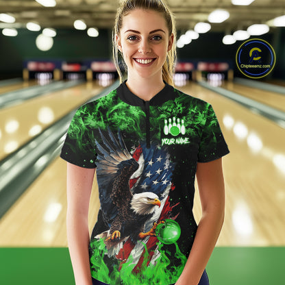 Green Flame American Flag Eagle bowling shirts for Women Custom Bowling Team Jersey, gift for Bowler NQS11555