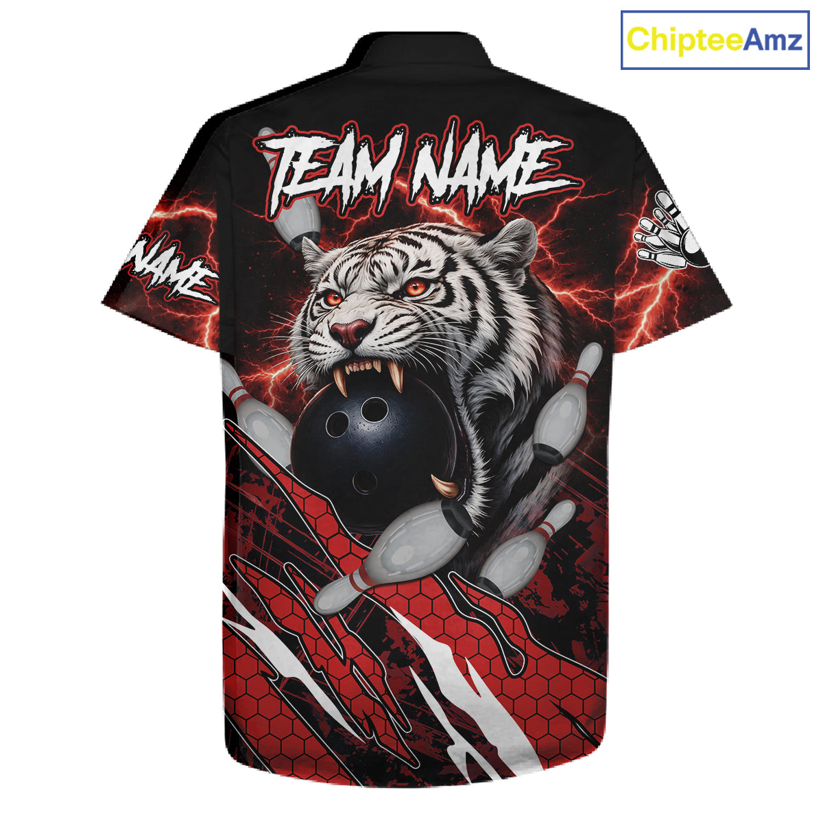 Black and Red Lightning Thunder Tiger Bowling Hawaiian Jersey, Bowling Team button-up shirts NQS11571