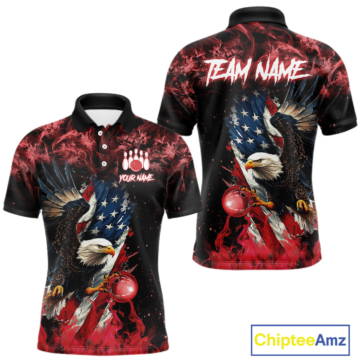 Red Flame American Flag Eagle bowling shirts for Men Custom Bowling Team Jersey, gift for Bowler NQS11556
