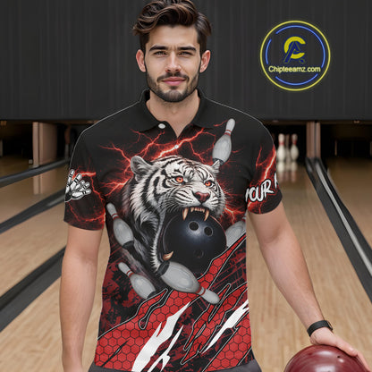 Black and Red Lightning Thunder Tiger Bowling Polo, 1/4 Zip Jersey for Men, Tiger Bowling Team shirts NQS11571