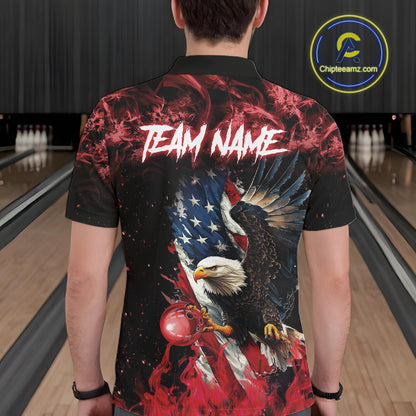 Red Flame American Flag Eagle bowling shirts for Men Custom Bowling Team Jersey, gift for Bowler NQS11556
