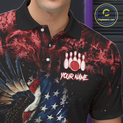 Red Flame American Flag Eagle bowling shirts for Men Custom Bowling Team Jersey, gift for Bowler NQS11556