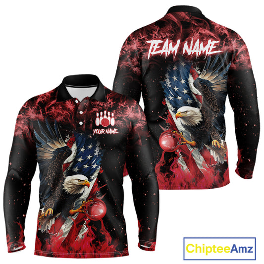 Red Flame American Flag Eagle bowling shirts for Men Custom Bowling Team Jersey, gift for Bowler NQS11556