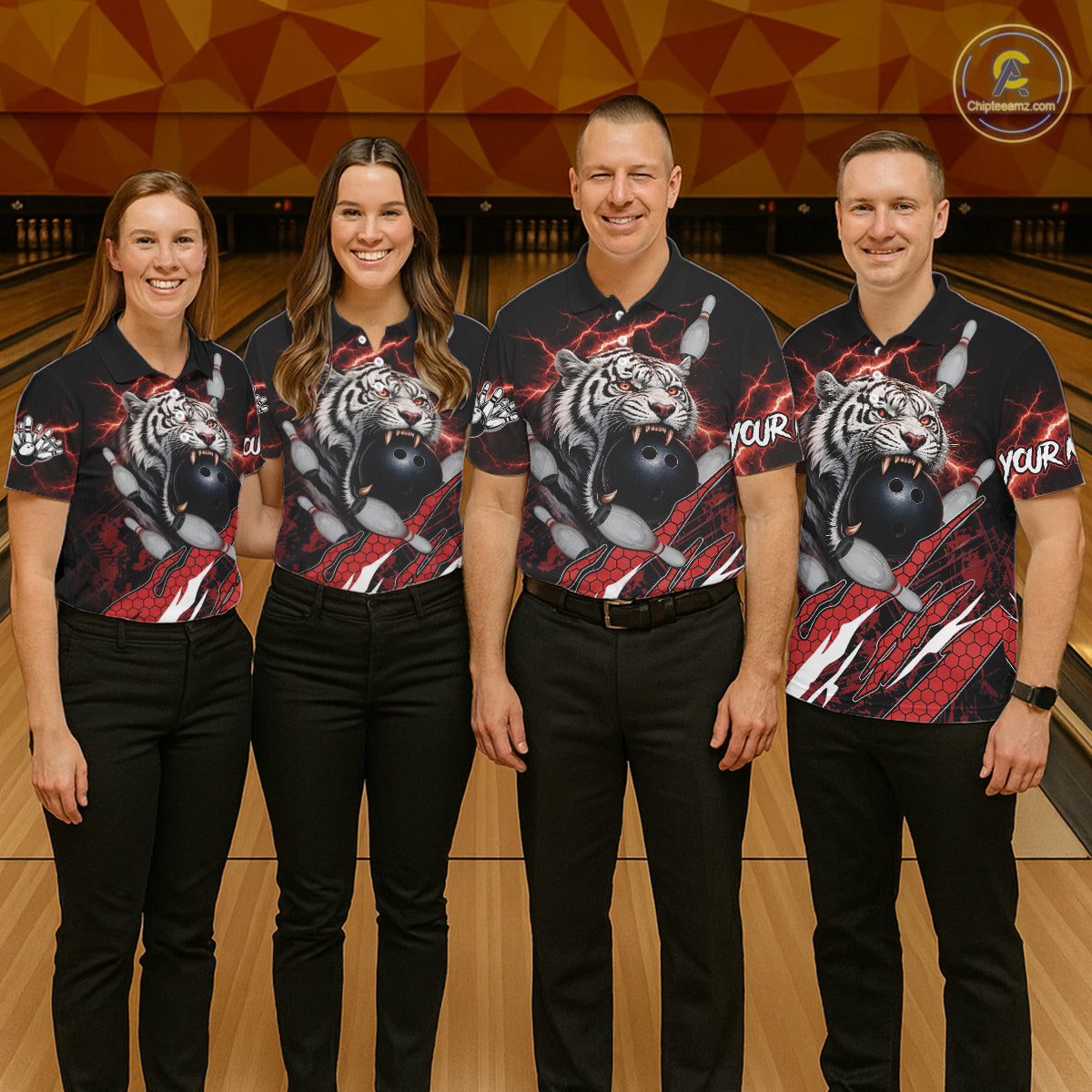 Black and Red Lightning Thunder Tiger Bowling Polo, 1/4 Zip Jersey for Men, Tiger Bowling Team shirts NQS11571