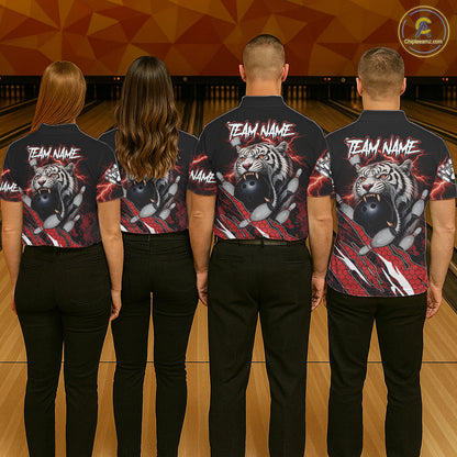 Black and Red Lightning Thunder Tiger Bowling Polo, 1/4 Zip Jersey for Men, Tiger Bowling Team shirts NQS11571