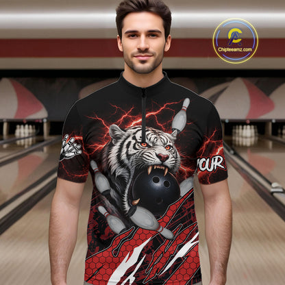 Black and Red Lightning Thunder Tiger Bowling Polo, 1/4 Zip Jersey for Men, Tiger Bowling Team shirts NQS11571