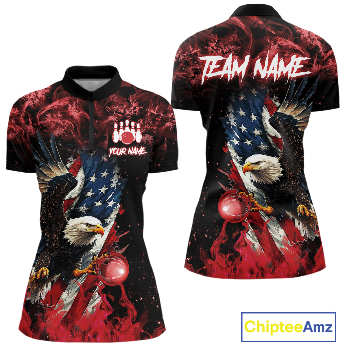 Red Flame American Flag Eagle bowling shirts for Women Custom Bowling Team Jersey, gift for Bowler NQS11556