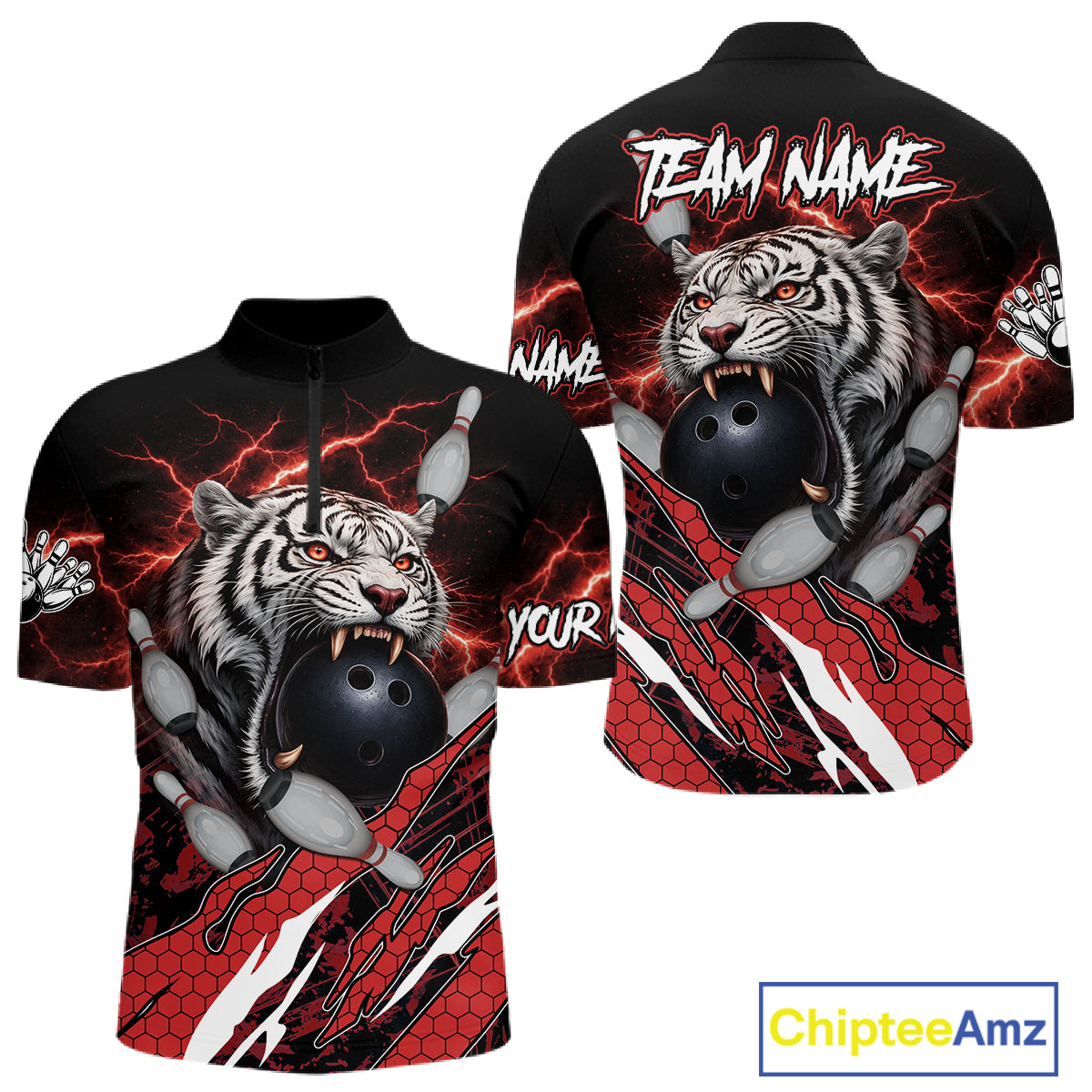 Black and Red Lightning Thunder Tiger Bowling Polo, 1/4 Zip Jersey for Men, Tiger Bowling Team shirts NQS11571
