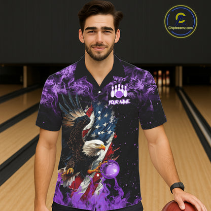 Purple Flame American Flag Eagle Bowling Hawaiian shirt Custom Bowling Team button-up shirts NQS11557