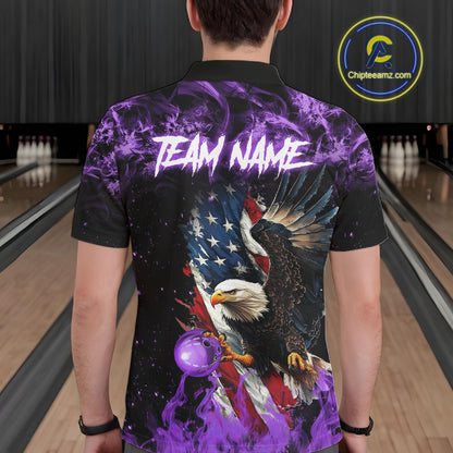 Purple Flame American Flag Eagle bowling shirts for Men Custom Bowling Team Jersey, gift for Bowler NQS11557
