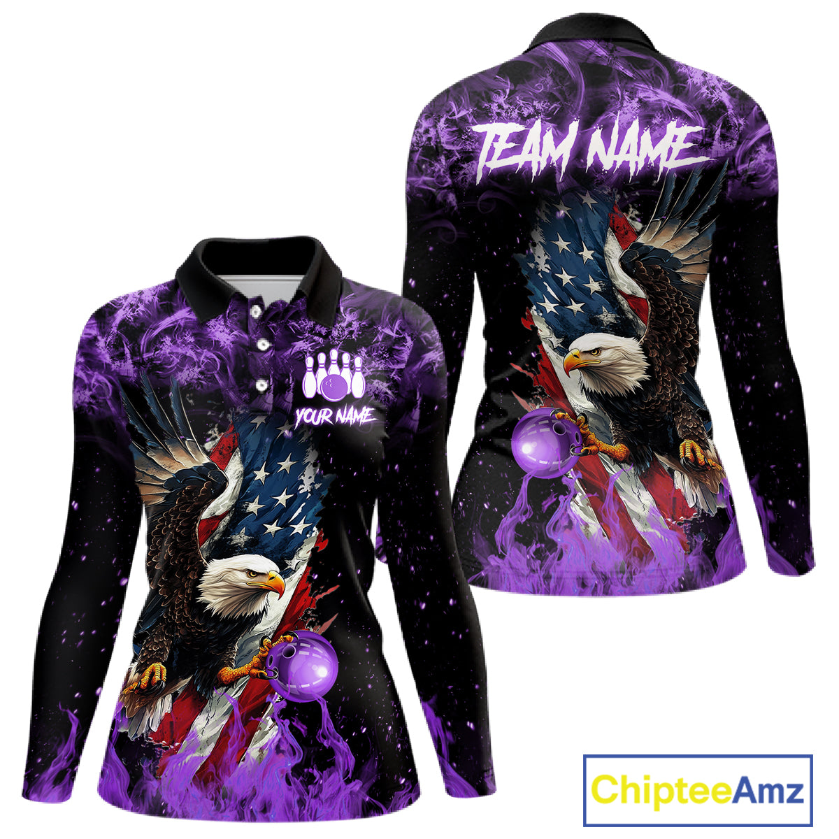 Purple Flame American Flag Eagle bowling shirts for Women Custom Bowling Team Jersey, gift for Bowler NQS11557
