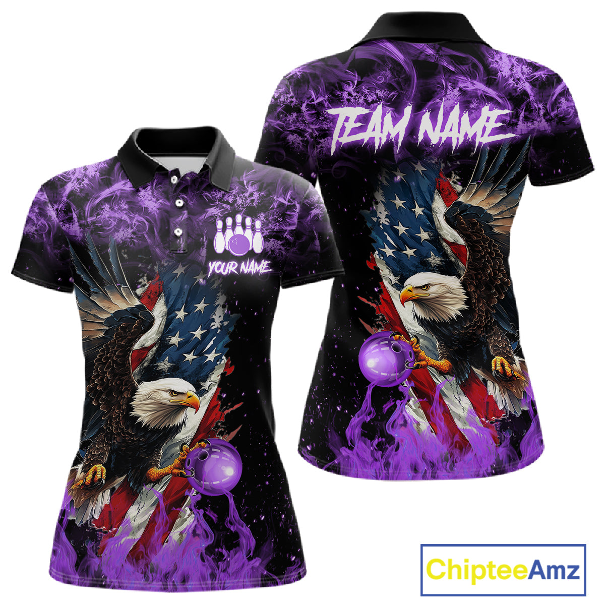 Purple Flame American Flag Eagle bowling shirts for Women Custom Bowling Team Jersey, gift for Bowler NQS11557