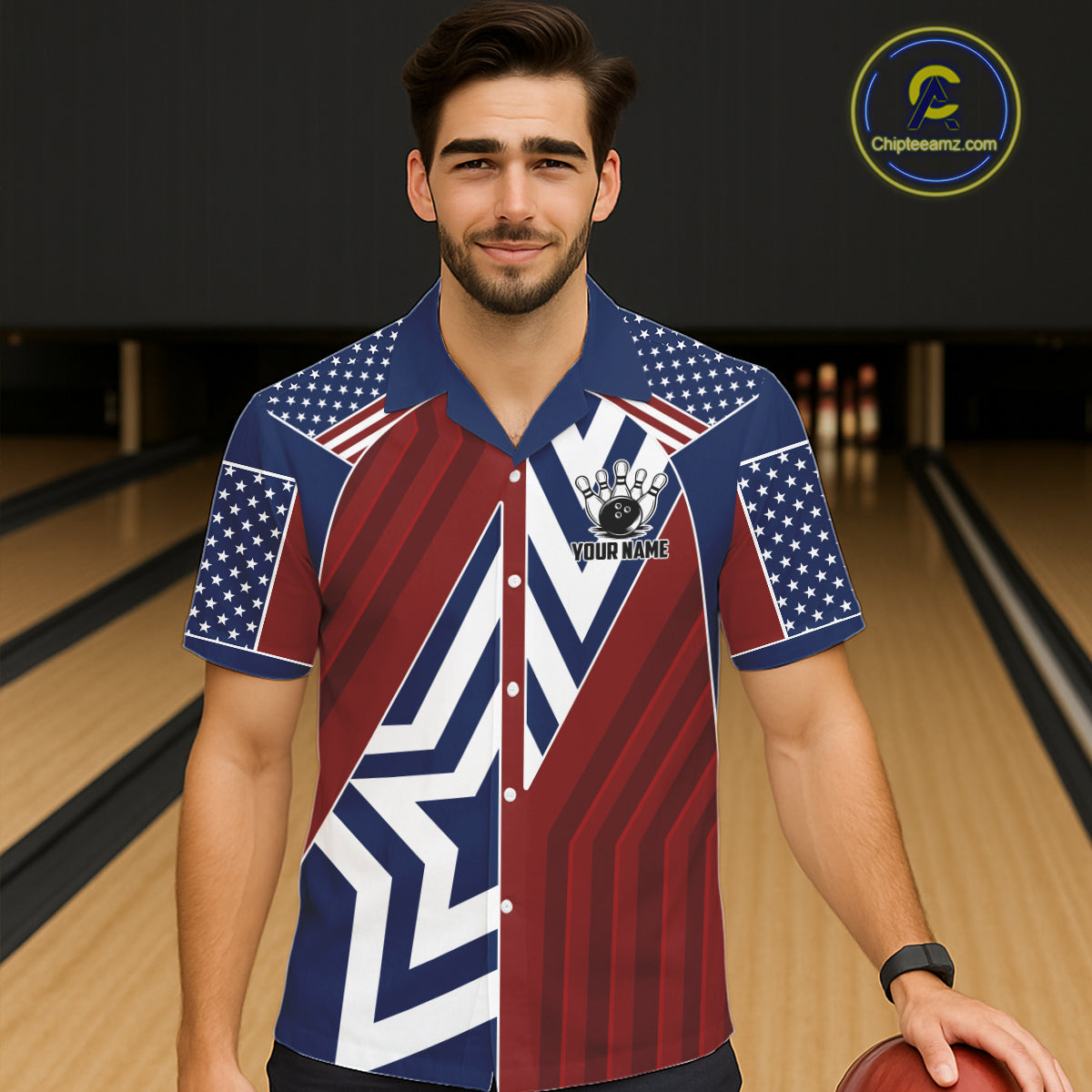 Red, White and Blue American Flag Flame Bowling Hawaiian shirt Custom patriotic Team Bowling Jersey NQS11558