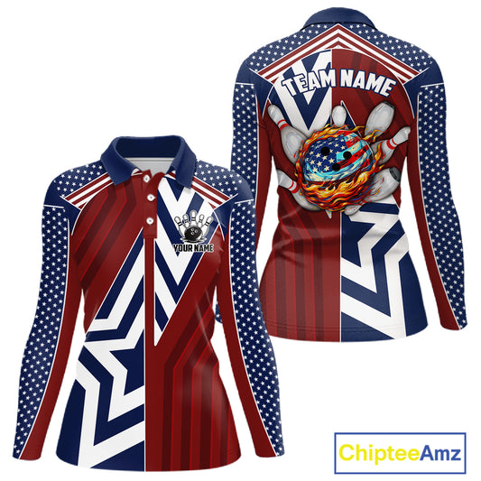Red, White and Blue American Flag Flame Bowling shirts for Women Custom patriotic Team Bowling Jersey NQS11558