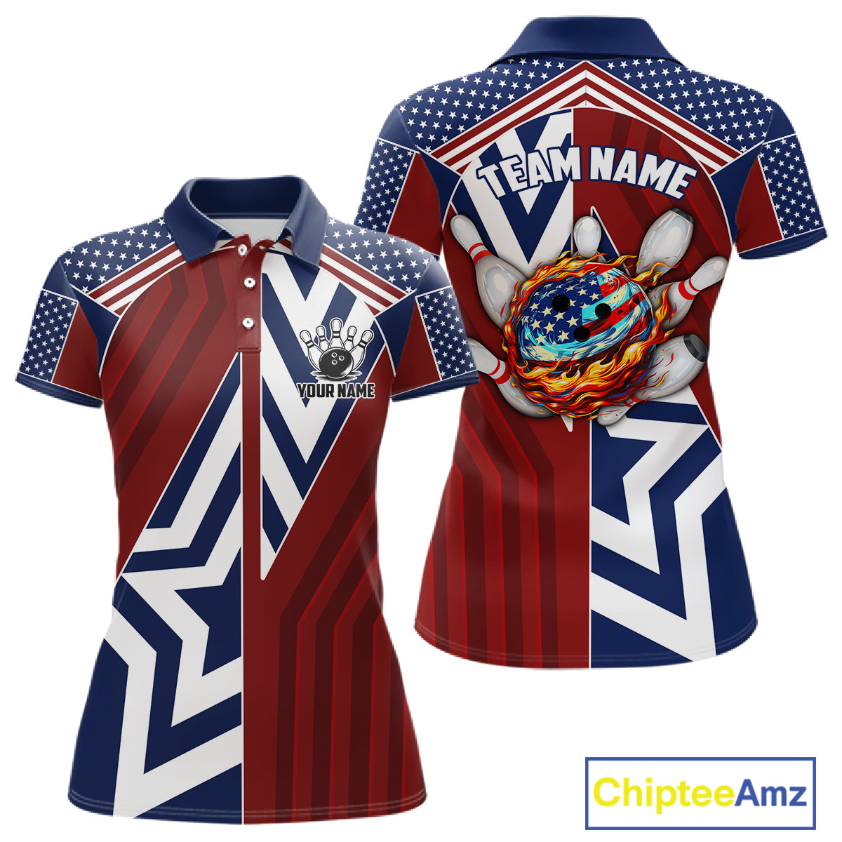 Red, White and Blue American Flag Flame Bowling shirts for Women Custom patriotic Team Bowling Jersey NQS11558