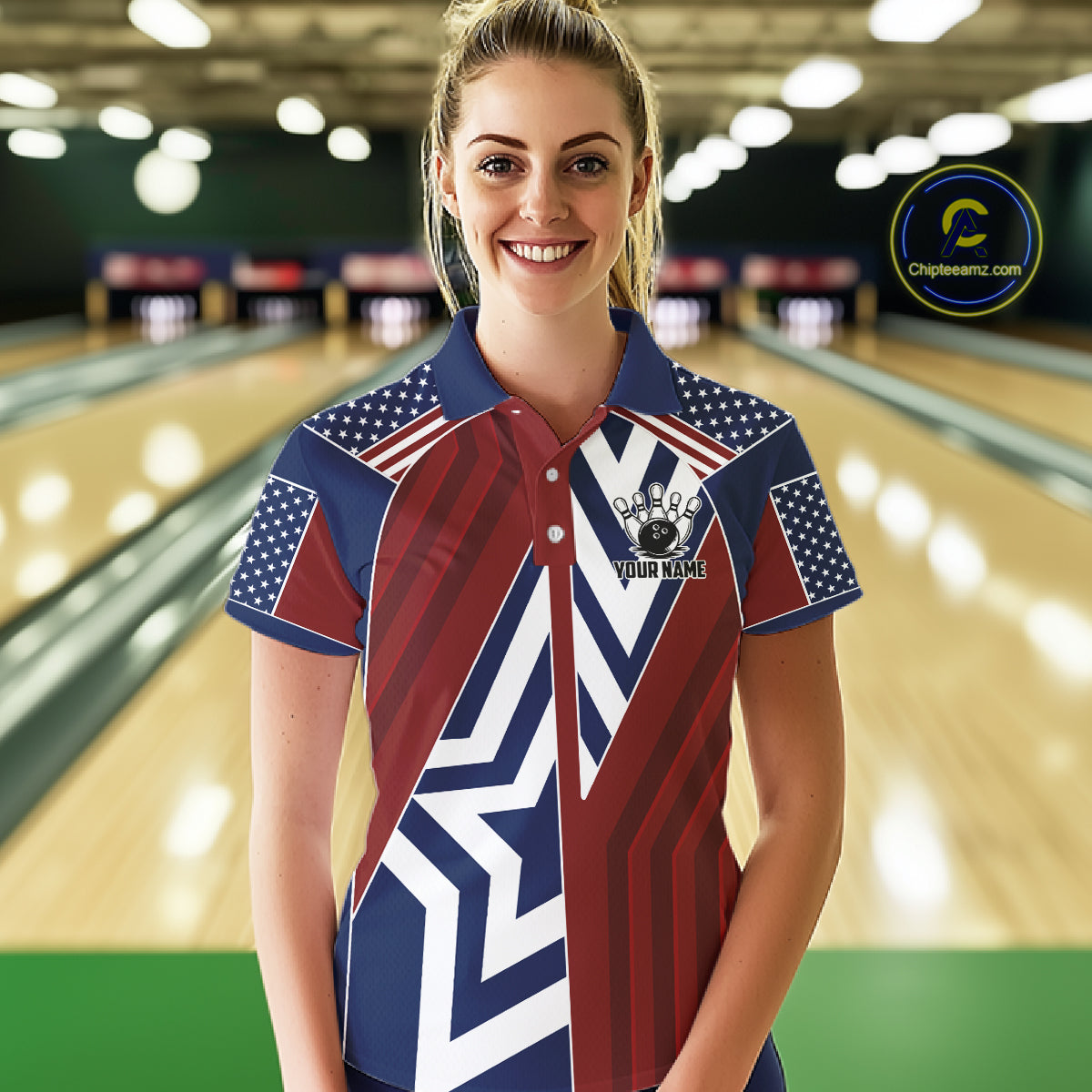 Red, White and Blue American Flag Flame Bowling shirts for Women Custom patriotic Team Bowling Jersey NQS11558