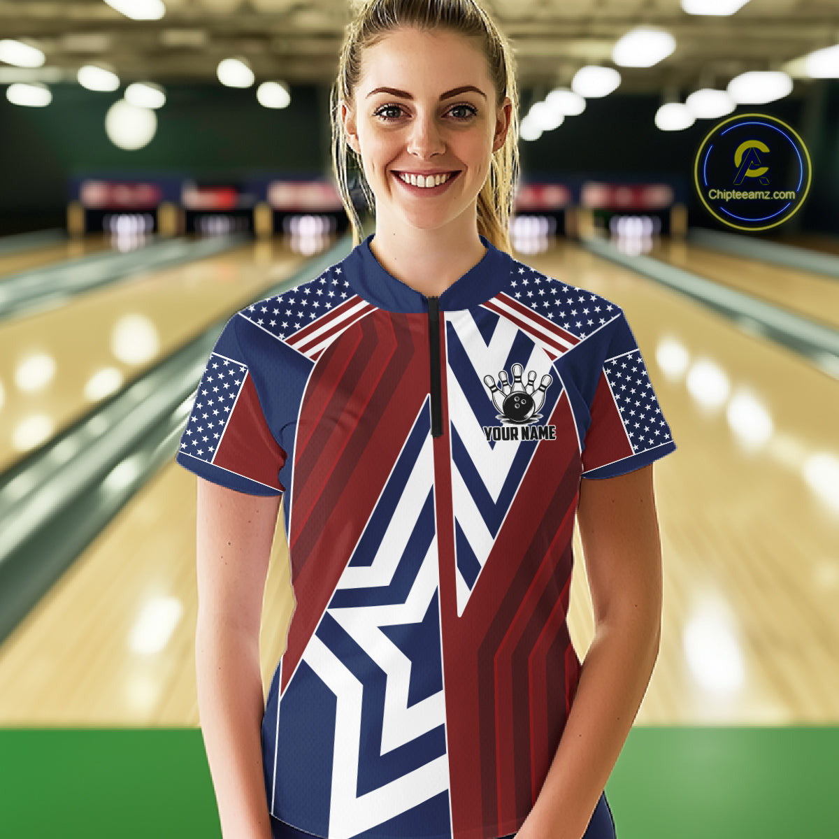 Red, White and Blue American Flag Flame Bowling shirts for Women Custom patriotic Team Bowling Jersey NQS11558