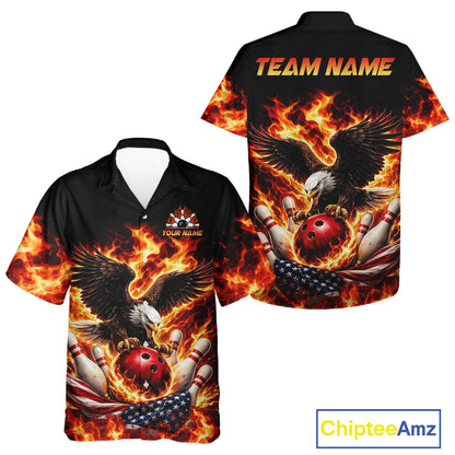 Custom Flame American Flag Eagle Bowling Hawaiian Shirts, Patriotic Eagle Bowling Team Jerseys NQS11560