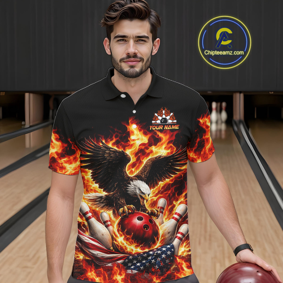 Custom Flame American Flag Eagle Bowling Shirts, Patriotic Eagle Bowling Team Jerseys For Men NQS11560