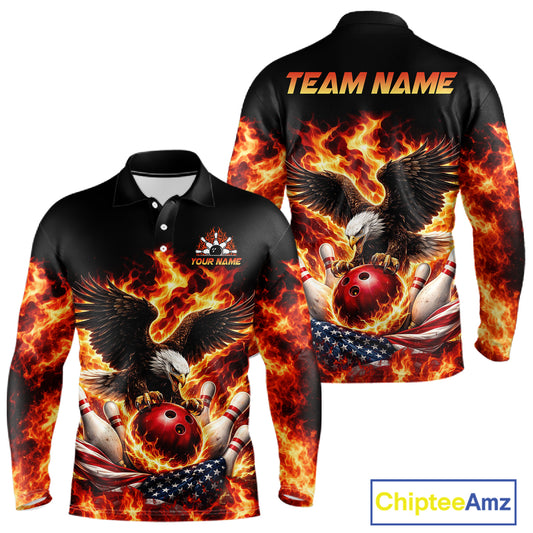 Custom Flame American Flag Eagle Bowling Shirts, Patriotic Eagle Bowling Team Jerseys For Men NQS11560