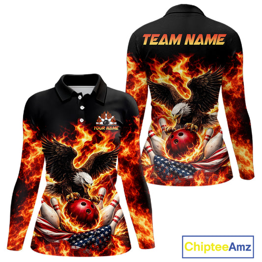 Custom Flame American Flag Eagle Bowling Shirts, Patriotic Eagle Bowling Team Jerseys For Women NQS11560