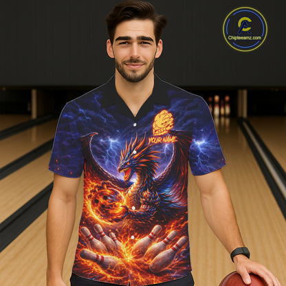 Orange and Purple Lightning Thunder Dragon Bowling Button-up Shirt Custom Dragon Team Bowling Jersey NQS11680