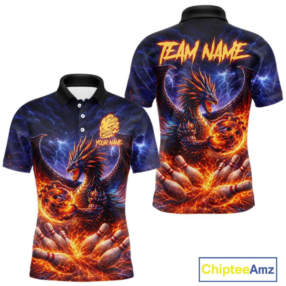 Orange and Purple Lightning Thunder Dragon Bowling Shirts for Men Custom Dragon Team Bowling Jersey NQS11680