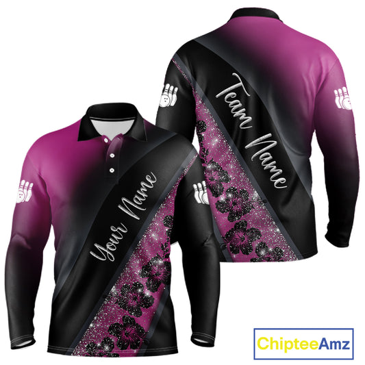 Black and Pink Glitter Flower Bowling Polo, Quarter Zip Shirt for Men Custom Bowling Team Jerseys NQS11685