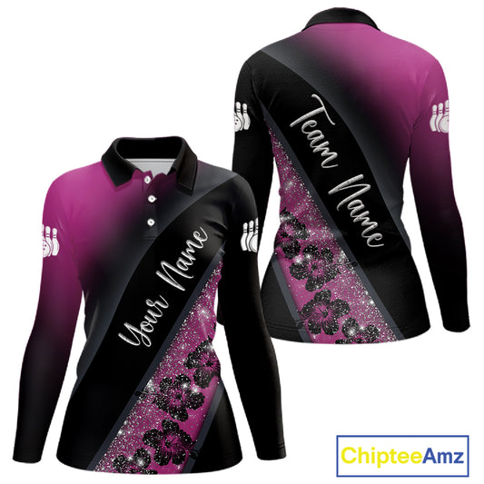 Black and Pink Glitter Flower Bowling Polo, Quarter Zip Shirt for Women Custom Bowling Team Jerseys NQS11685