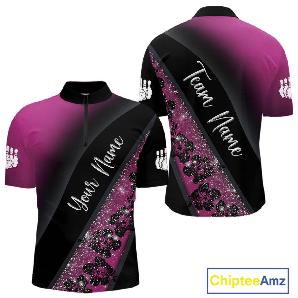 Black and Pink Glitter Flower Bowling Polo, Quarter Zip Shirt for Men Custom Bowling Team Jerseys NQS11685