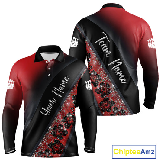 Black and Red Glitter Flower Bowling Polo, Quarter Zip Shirt for Men Custom Bowling Team Jerseys NQS11686