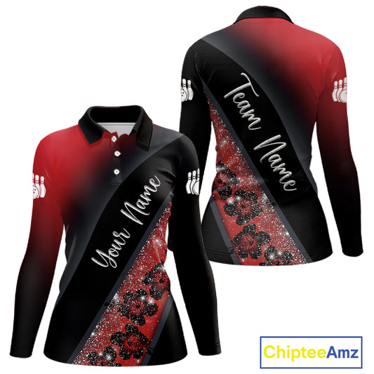 Black and Red Glitter Flower Bowling Polo, Quarter Zip Shirt for Women Custom Bowling Team Jerseys NQS11686