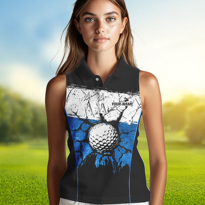 Black, White & Blue Retro broken Golf ball Women Sleeveless Polo shirt Custom Team golf outfit ladies NQS9788