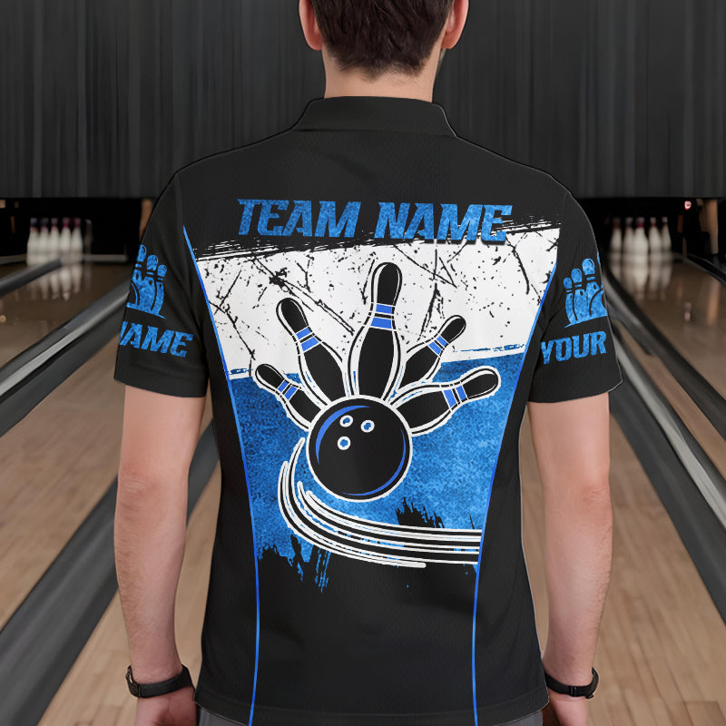 Black, White and Blue Retro broken Bowling ball Polo, 1/4 Zip Shirt For Men Custom Bowling Team Shirts NQS9789