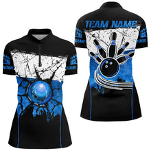 Load image into Gallery viewer, Black, White &amp; Blue Retro broken Bowling ball Polo, 1/4 Zip Shirt For Women Custom Bowling Team Shirts NQS9789
