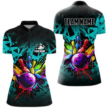 Load image into Gallery viewer, Colorful bowling jersey Polo, 1/4 Zip Shirt for Women Custom Bowling Team shirts for bowler| Cyan Blue NQS7707