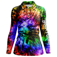 Load image into Gallery viewer, Womens golf polo shirts custom colorful rainbow black tie dye women's golf attire, apparel for ladies NQS6032