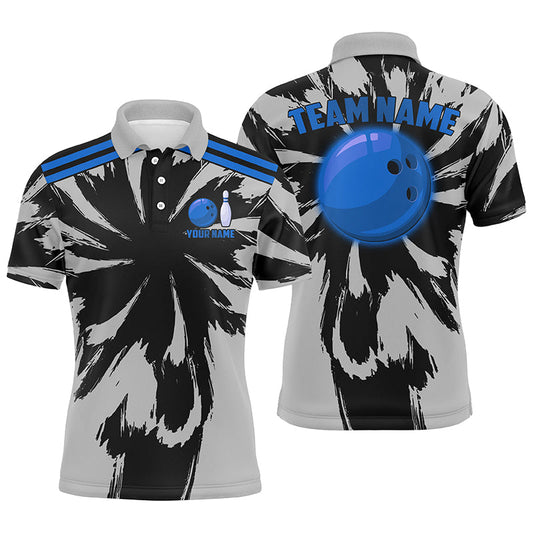 Black and Gray bowling Polo, Quarter Zip Shirt for Men Custom Blue bowling ball Team Bowling jerseys NQS8144