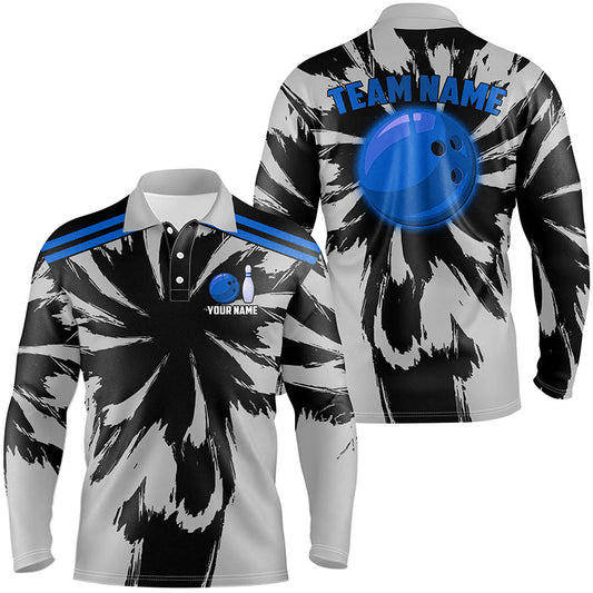 Black and Gray bowling Polo, Quarter Zip Shirt for Men Custom Blue bowling ball Team Bowling jerseys NQS8144