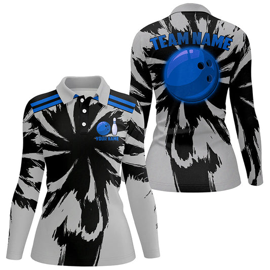 Black and Gray bowling Polo, Quarter Zip Shirt for Women Custom Blue bowling ball Team Bowling jerseys NQS8144