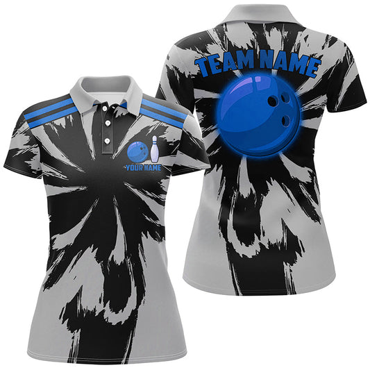 Black and Gray bowling Polo, Quarter Zip Shirt for Women Custom Blue bowling ball Team Bowling jerseys NQS8144