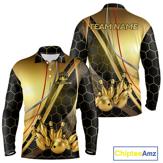 Custom Black and Gold Bowling Polo, Quarter Zip Shirts For Men, Bowling Team League Jersey NQS10346