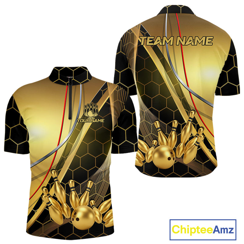 Custom Black and Gold Bowling Polo, Quarter Zip Shirts For Men, Bowling Team League Jersey NQS10346