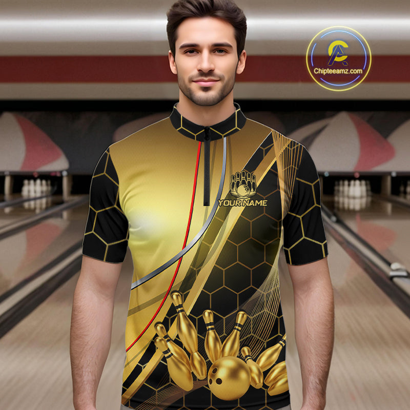 Custom Black and Gold Bowling Polo, Quarter Zip Shirts For Men, Bowling Team League Jersey NQS10346