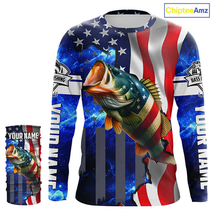 Bass Fishing American Flag patriotic UV protection Custom name long sleeves shirt NQS926